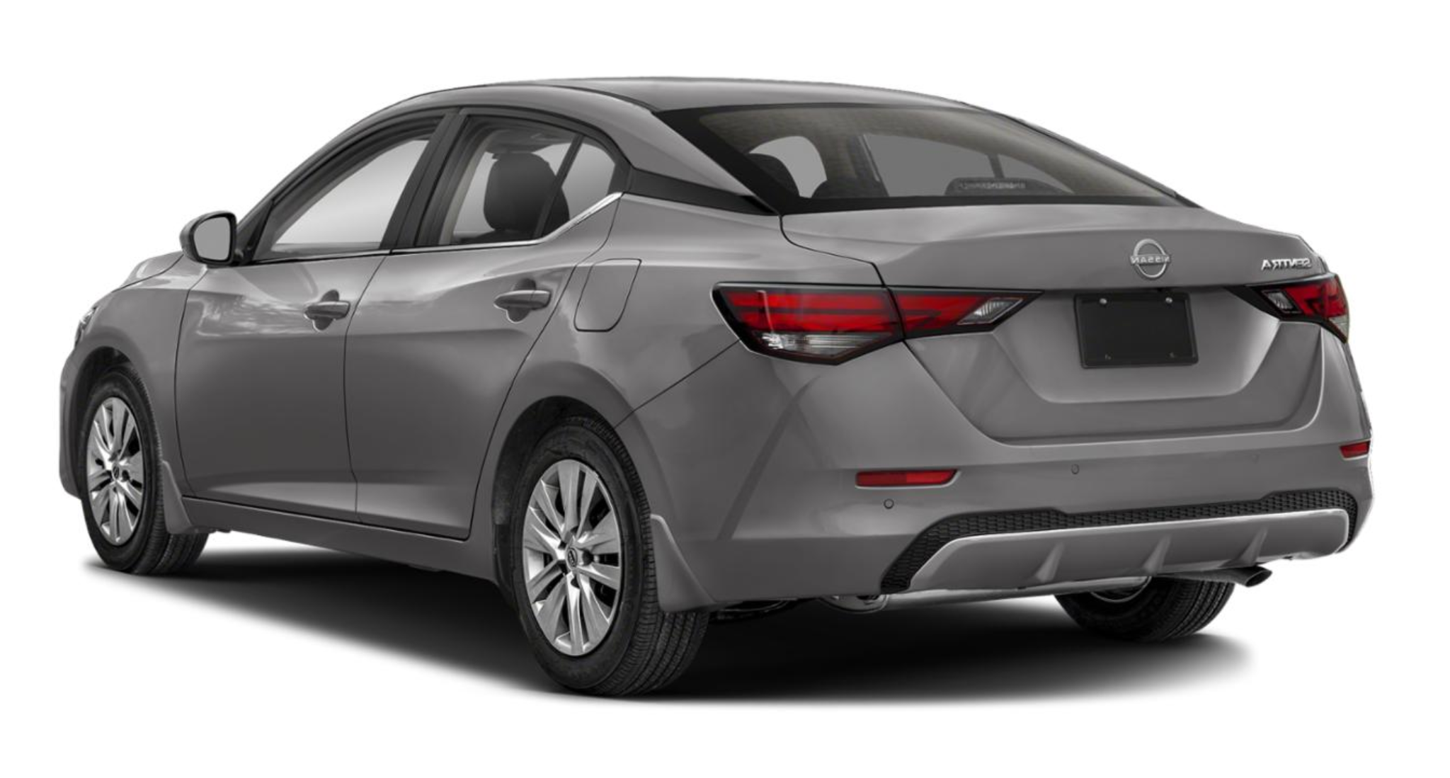 Rear view of the 2025 Nissan Sentra S in Gun Metallic, highlighting its aerodynamic design, LED tail lights, chrome badging, and sculpted rear bumper for a sleek and sporty appearance.