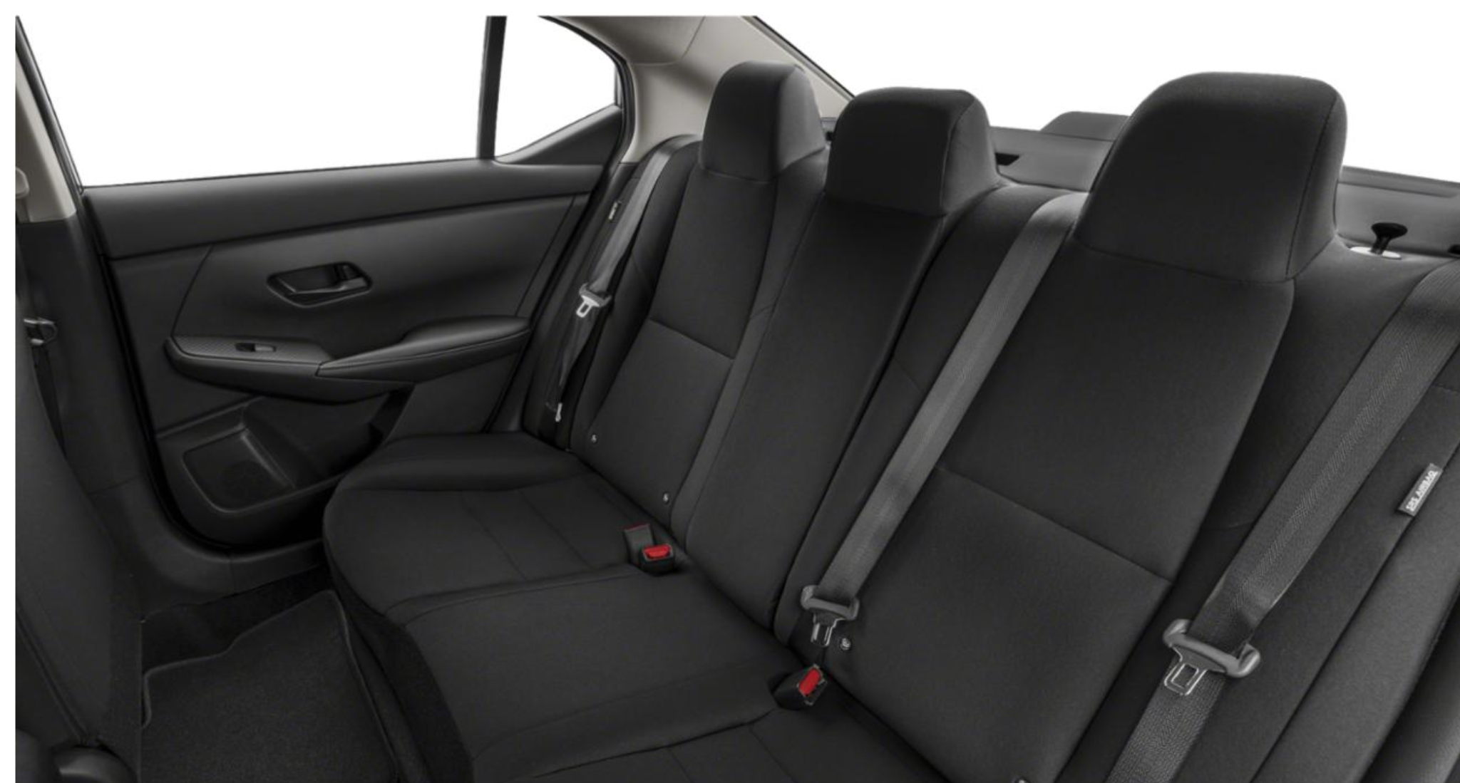 Spacious rear seat interior of the 2025 Nissan Sentra S featuring black cloth upholstery, 60/40 split-folding seatbacks, and three adjustable headrests for added passenger comfort.