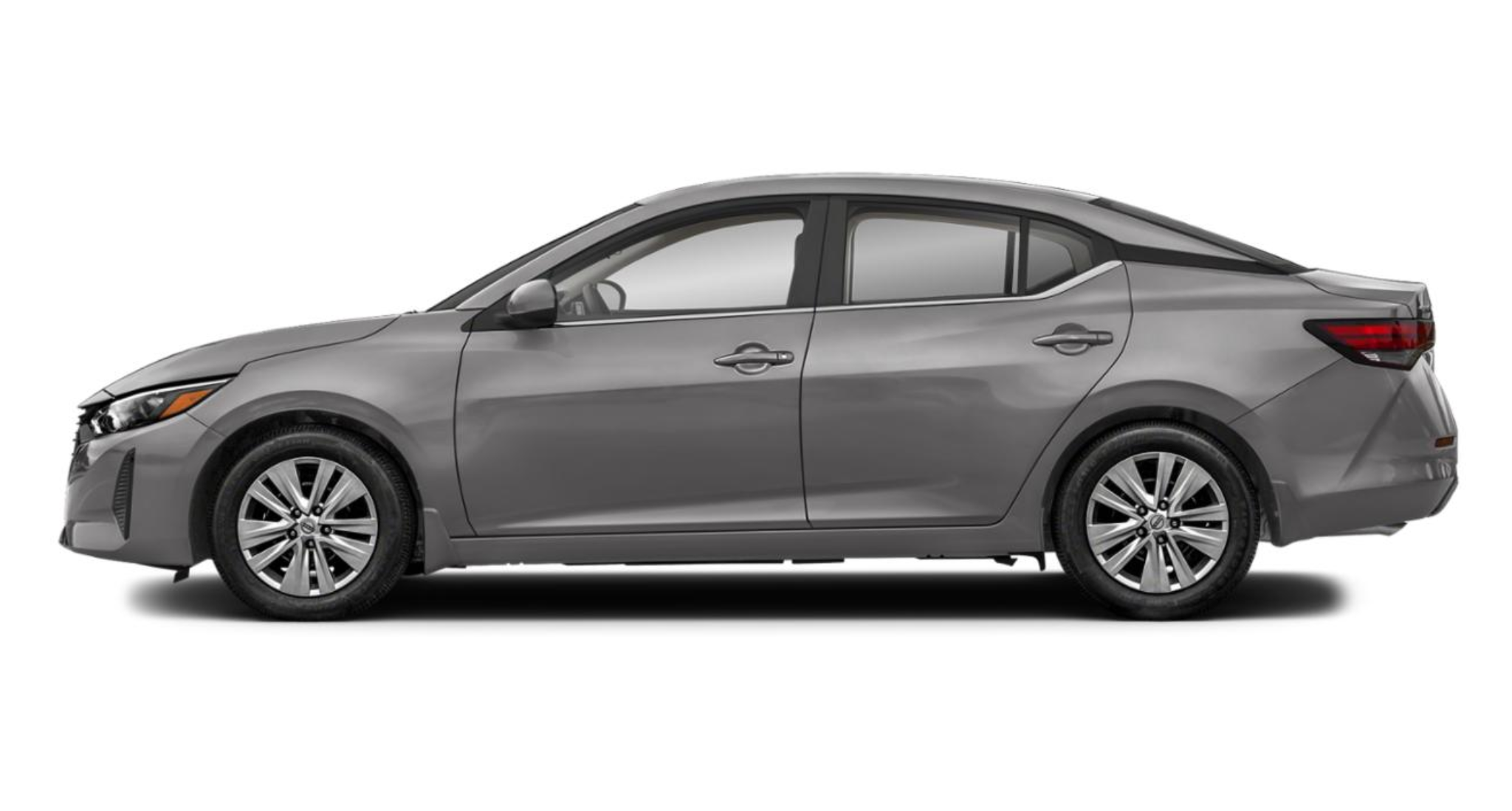Side profile of the 2025 Nissan Sentra S sedan, featuring sleek body lines, 16-inch steel wheels, and a modern design that enhances both aerodynamics and curb appeal.