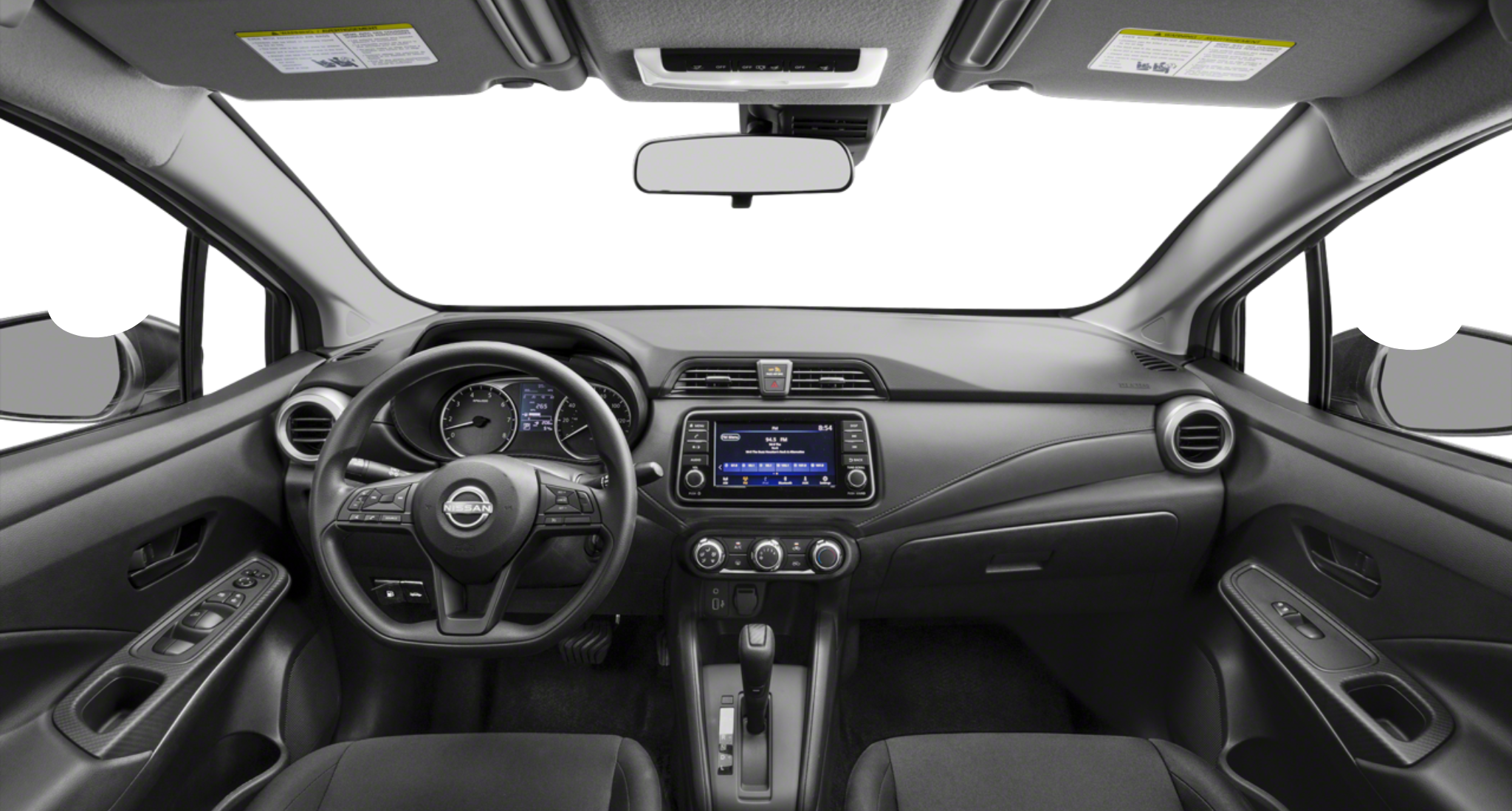 Interior view of the 2025 Nissan Versa S FWD dashboard showcasing the 7-inch touchscreen display, steering wheel controls, and modern black interior trim.