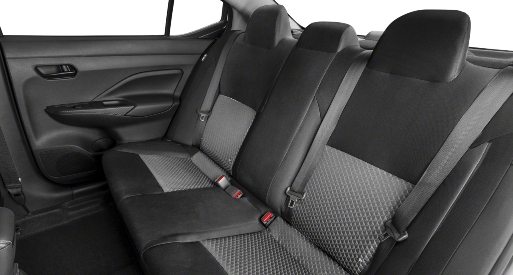 Rear seat view of the 2025 Nissan Versa S FWD featuring premium Charcoal cloth upholstery with a modern geometric design and spacious legroom.