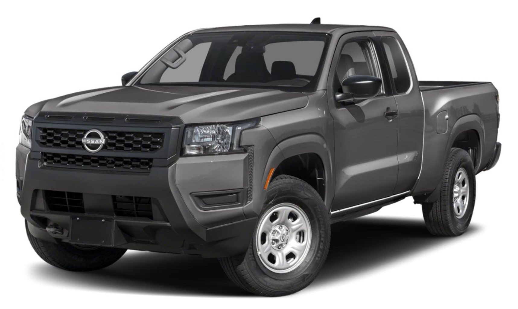 Front exterior view of the 2025 Nissan Frontier King Cab S 4x2, featuring a blacked-out grille, halogen headlights, and a rugged bumper design.