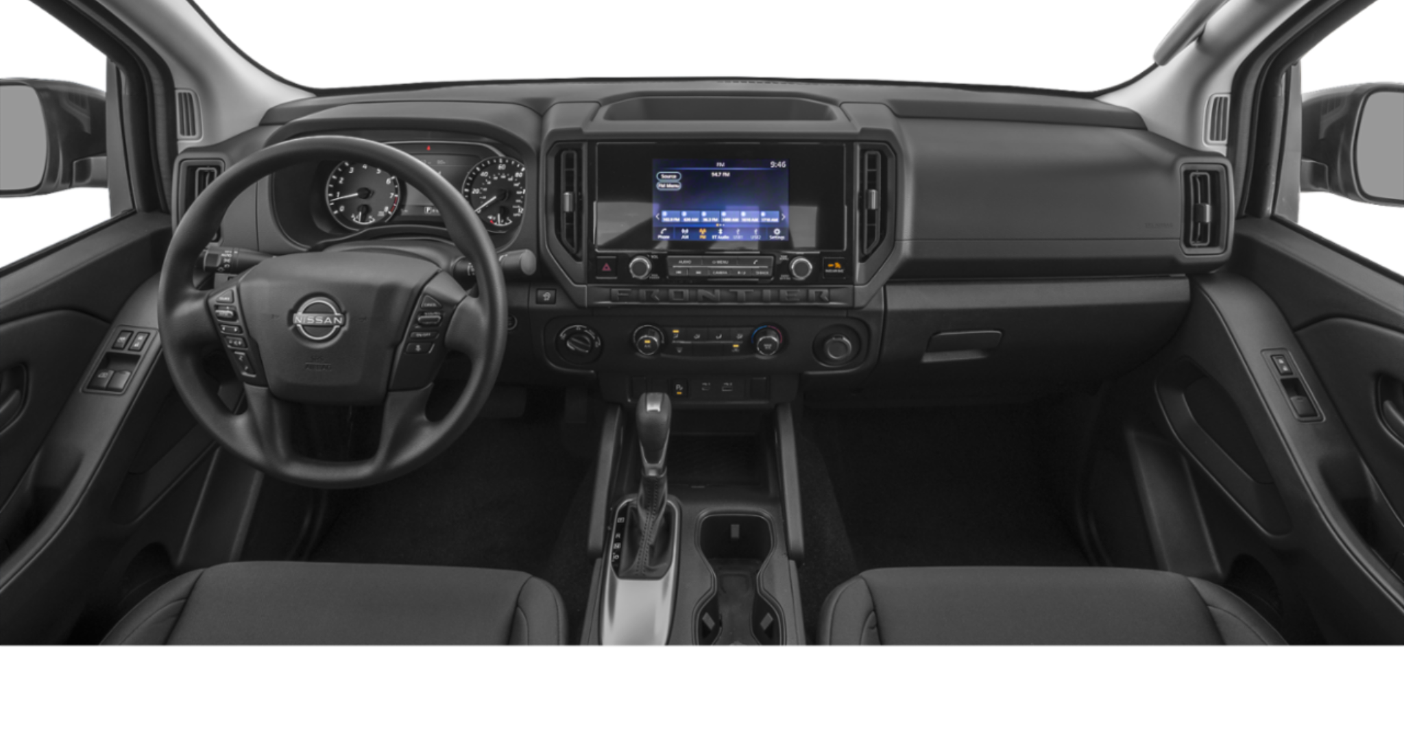 Front interior of the 2025 Nissan Frontier King Cab S 4x2 showcasing the multifunction steering wheel, digital instrument cluster, and 12.3-inch NissanConnect touchscreen display.