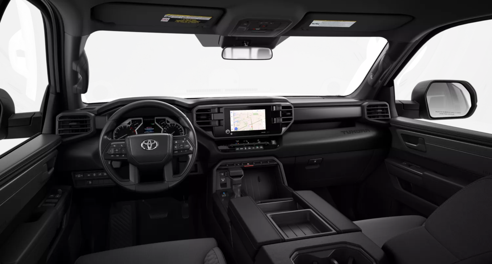 2025 Toyota Tundra SR 4WD dashboard view featuring a touchscreen infotainment system, digital gauge cluster, and multifunction steering wheel.