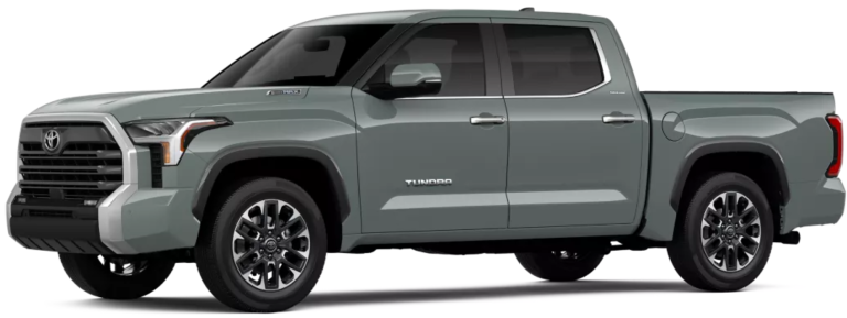 2025 Toyota Tundra Hybrid Limited i-FORCE MAX shown in Lunar Rock from front-side angle, featuring 20-inch alloy wheels, CrewMax cabin, and chrome-trimmed grille