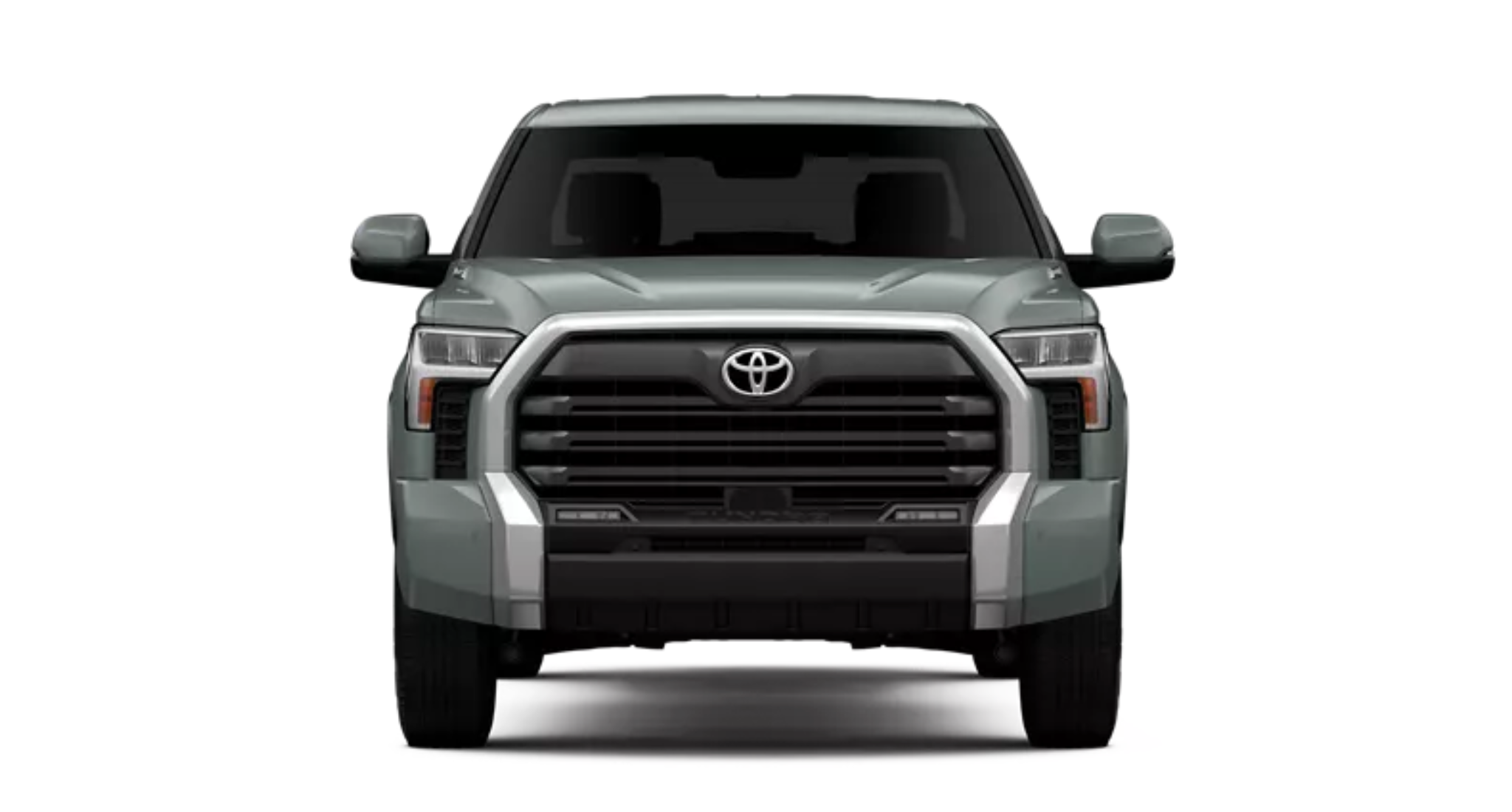 Front exterior of the 2025 Toyota Tundra Hybrid i-FORCE MAX Limited 4WD in Lunar Rock color with bold grille design, LED headlights, and muscular hood profile