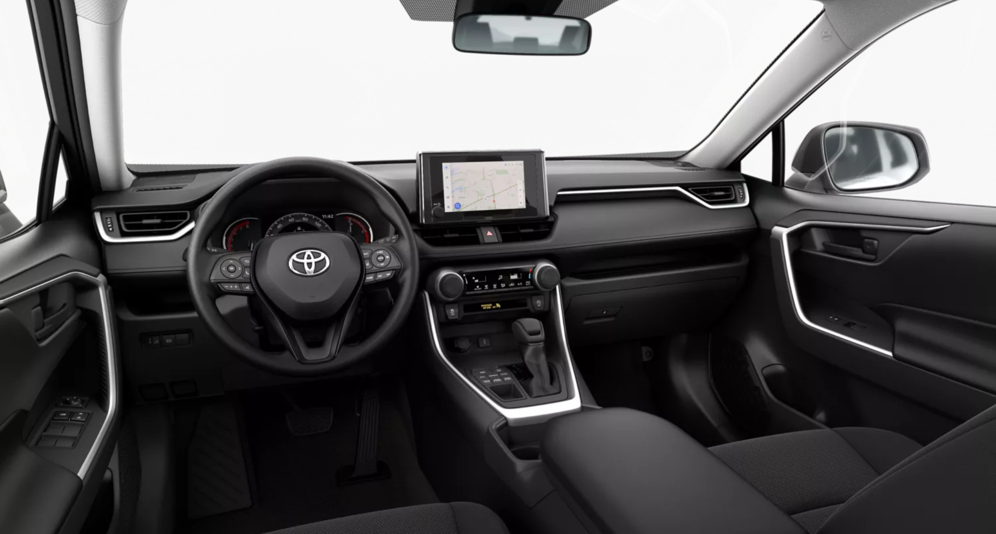 2025 Toyota RAV4 LE front cabin with 8-inch multimedia touchscreen, digital gauge cluster, and ergonomic driver-focused dashboard layout.