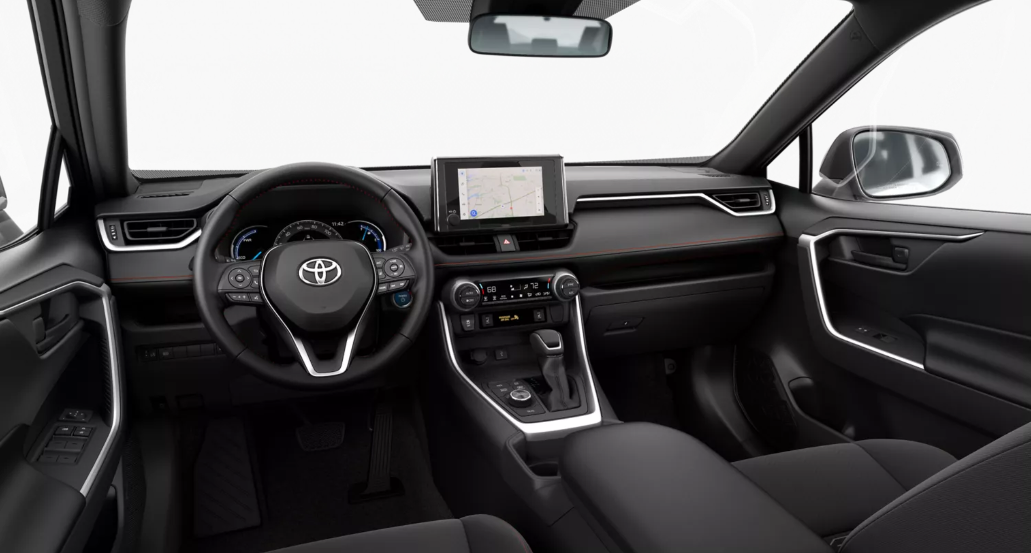 2025 Toyota RAV4 Plug-in Hybrid SE AWD front dashboard with multimedia touchscreen, steering wheel controls, and dual-zone climate system