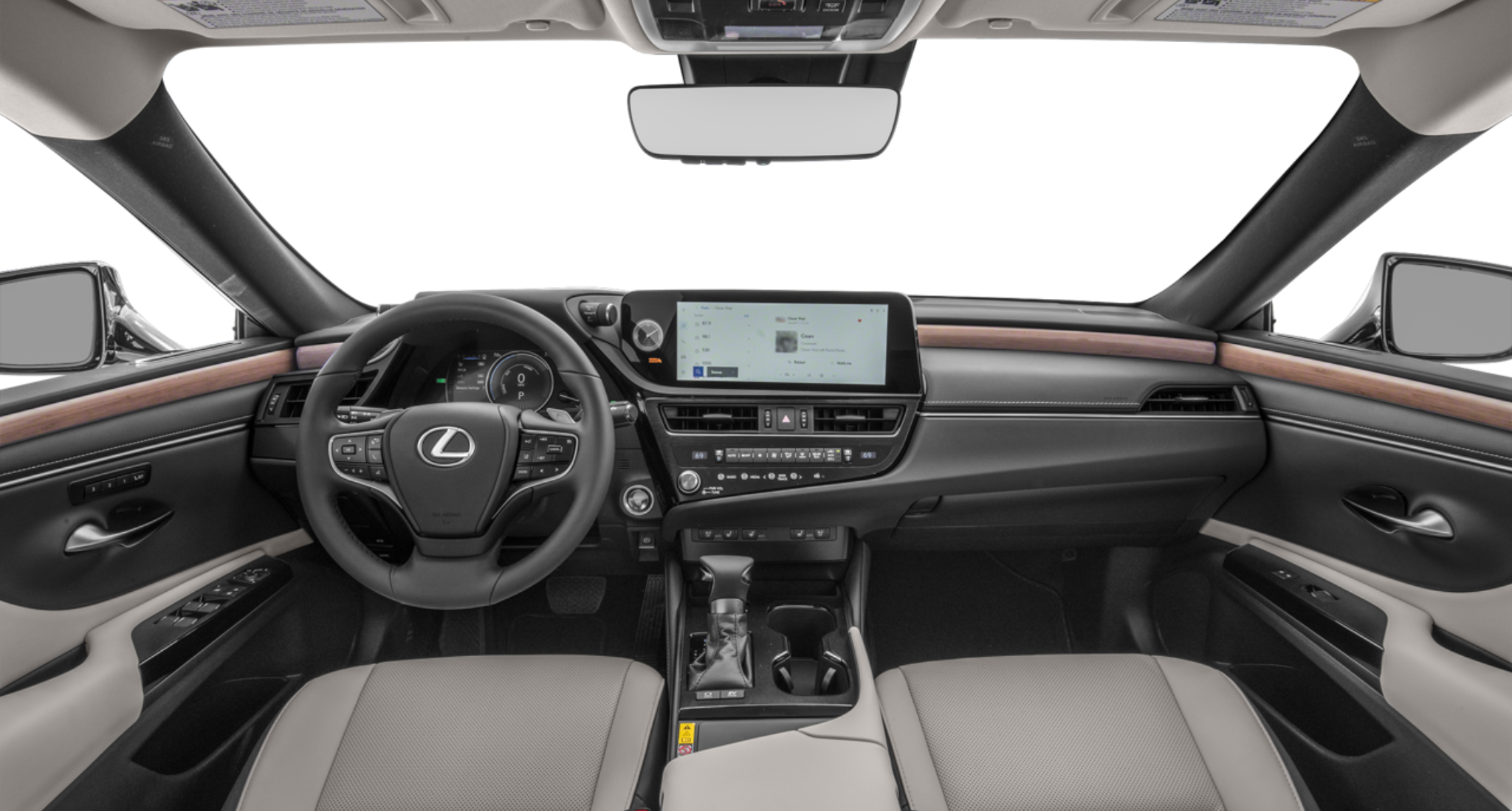 2025 Lexus ES 300h Hybrid FWD luxury interior dashboard with an 8-inch touchscreen display, Lexus Interface, wood grain trim, and premium leather-wrapped steering wheel.