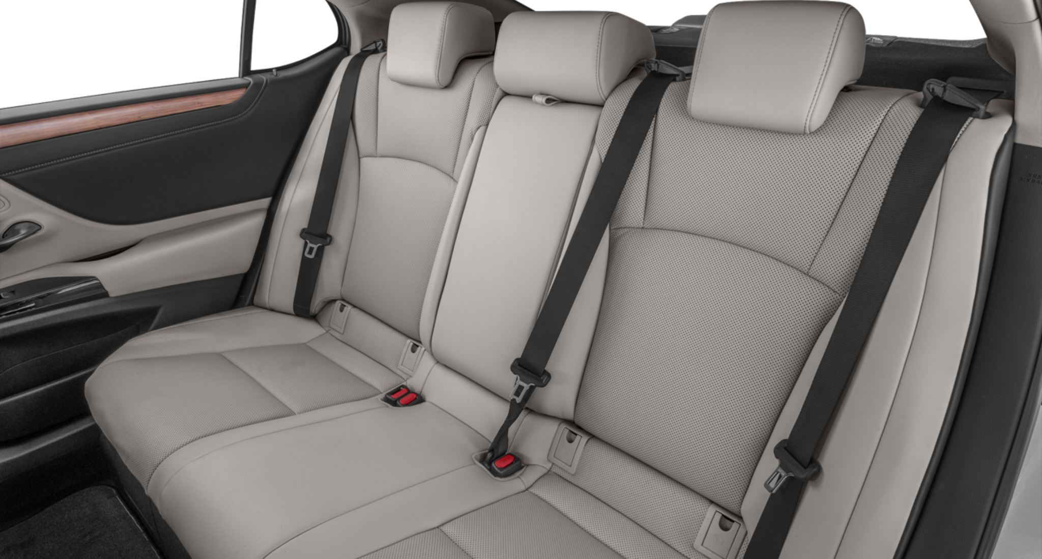 2025 Lexus ES 300h Hybrid FWD rear seat interior featuring premium perforated NuLuxe upholstery, spacious three-passenger seating, and refined wood trim accents.