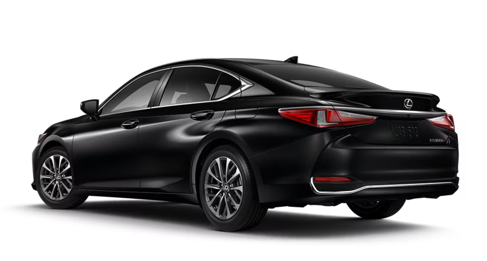 2025 Lexus ES 300h Hybrid FWD rear exterior view showcasing sleek black paint, LED taillights, color-keyed rear spoiler, and 17-inch alloy wheels.