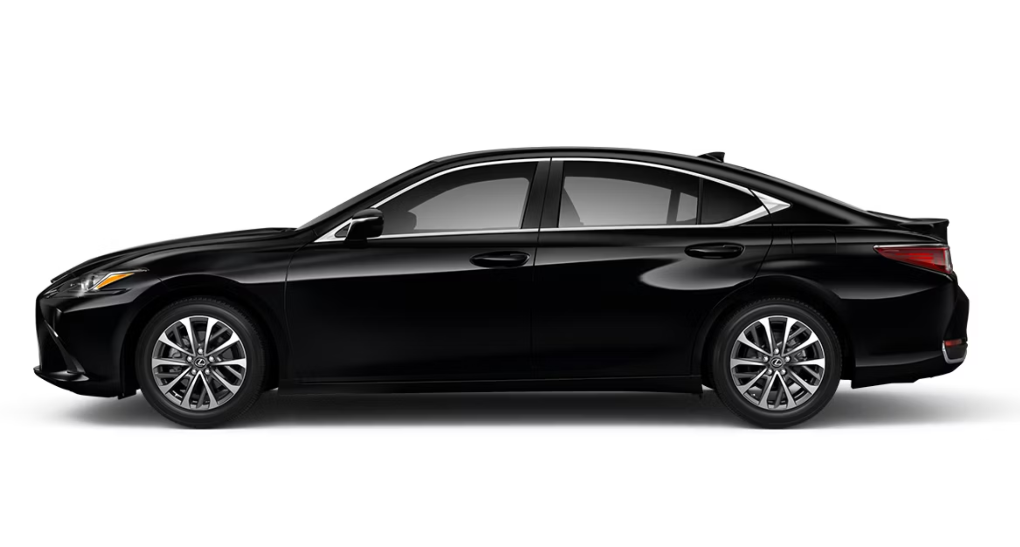 2025 Lexus ES 300h Hybrid FWD side profile in black finish highlighting aerodynamic body design, sharp character lines, and premium alloy wheels.