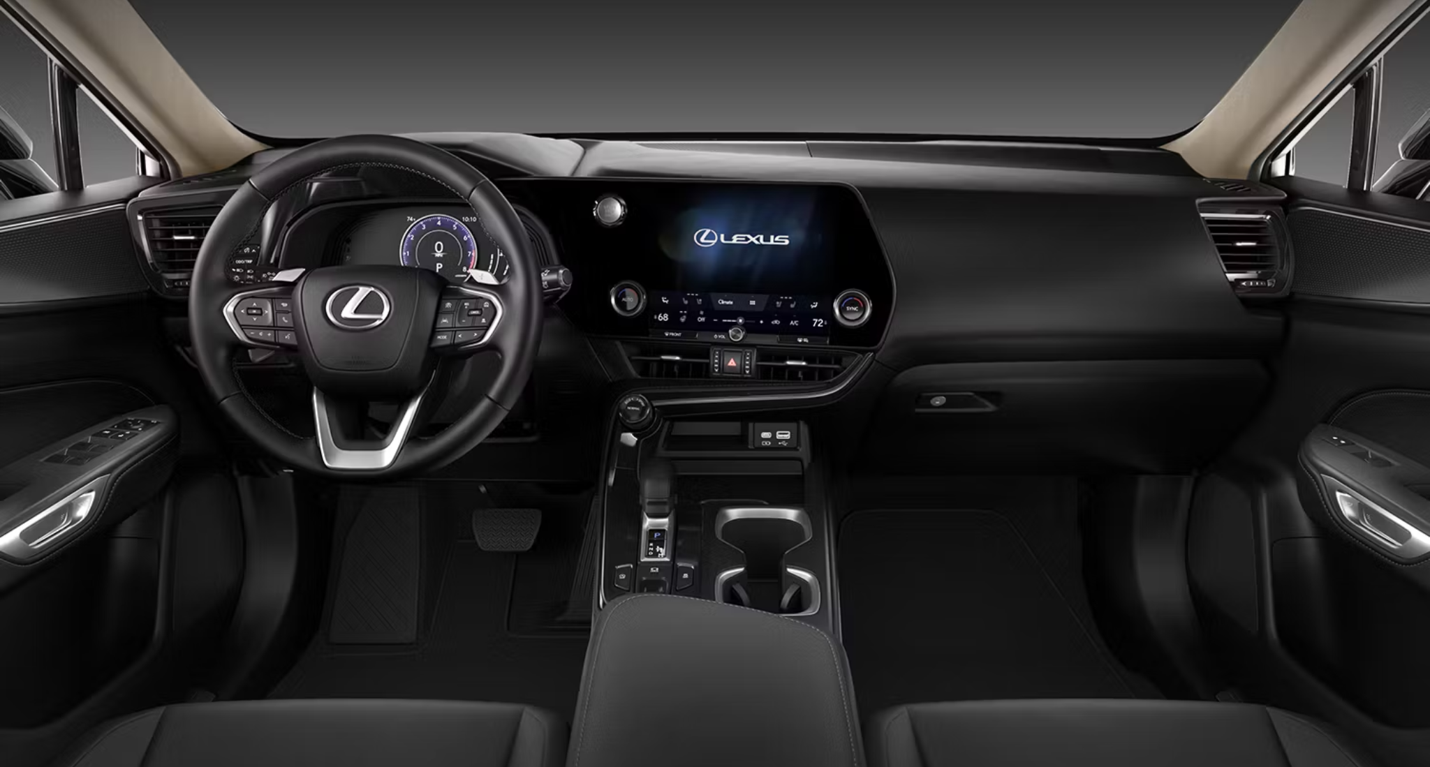 2025 Lexus NX 350h AWD Hybrid front cabin view featuring a modern dashboard with a 9.8-inch Lexus Interface touchscreen, leather-trimmed steering wheel, and premium finishes.