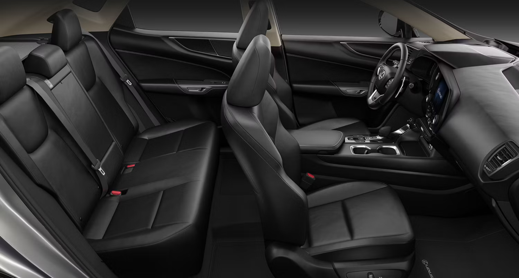 2025 Lexus NX 350h AWD Hybrid interior showcasing spacious rear seating with premium black NuLuxe upholstery, designed for comfort and luxury.