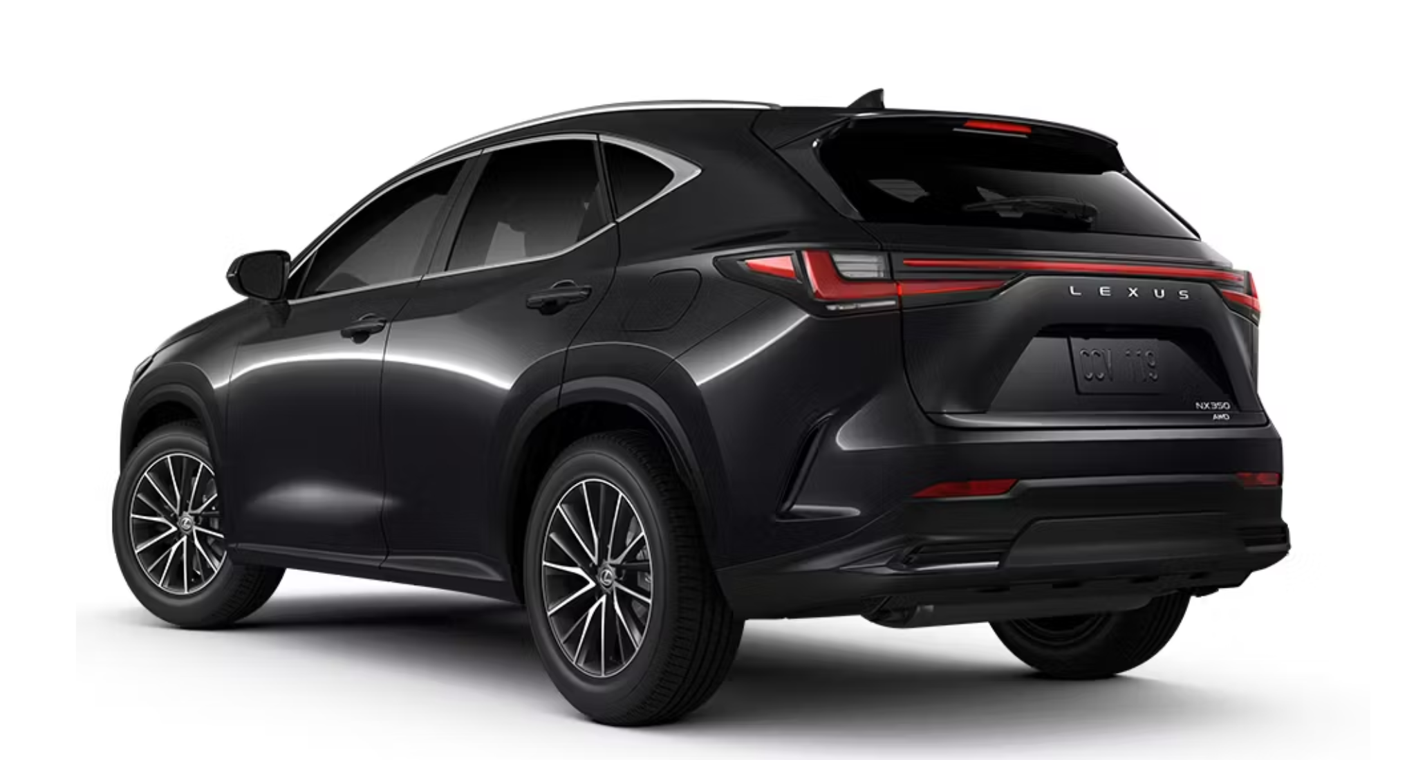 Rear exterior view of the 2025 Lexus NX 350h AWD Hybrid in Caviar Black, highlighting the sleek LED blade taillights, aerodynamic design, and bold Lexus badging.