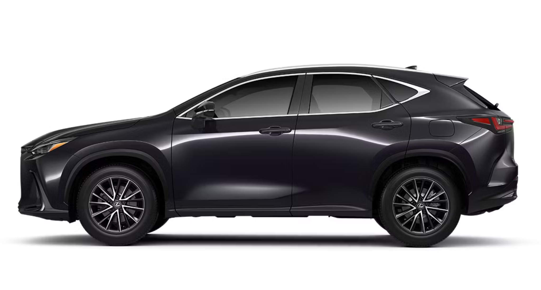 2025 Lexus NX 350h AWD Hybrid side profile in Caviar Black, showcasing its sculpted body lines, 18-inch alloy wheels, and aerodynamic silhouette for a refined luxury SUV appearance.