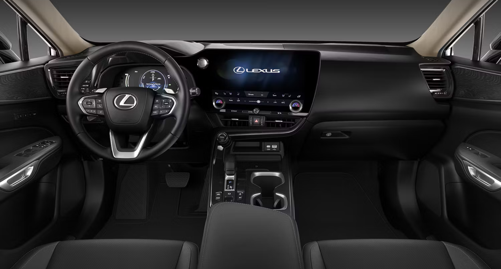 2025 Lexus NX 450h interior dashboard showcasing a 14-inch touchscreen display, digital instrument cluster, leather-wrapped steering wheel, and modern console layout.