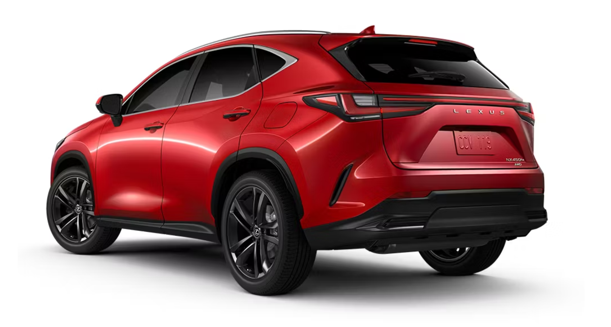 2025 Lexus NX 450h rear exterior view in Redline color featuring LED Blade Taillights, bold rear styling, and AWD badging on a luxury plug-in hybrid SUV.