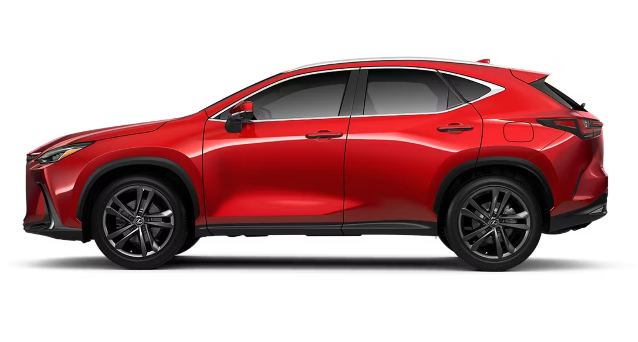 2025 Lexus NX 450h side profile view in Redline finish highlighting sleek aerodynamic lines, 20-inch alloy wheels, and the signature Lexus crossover design.