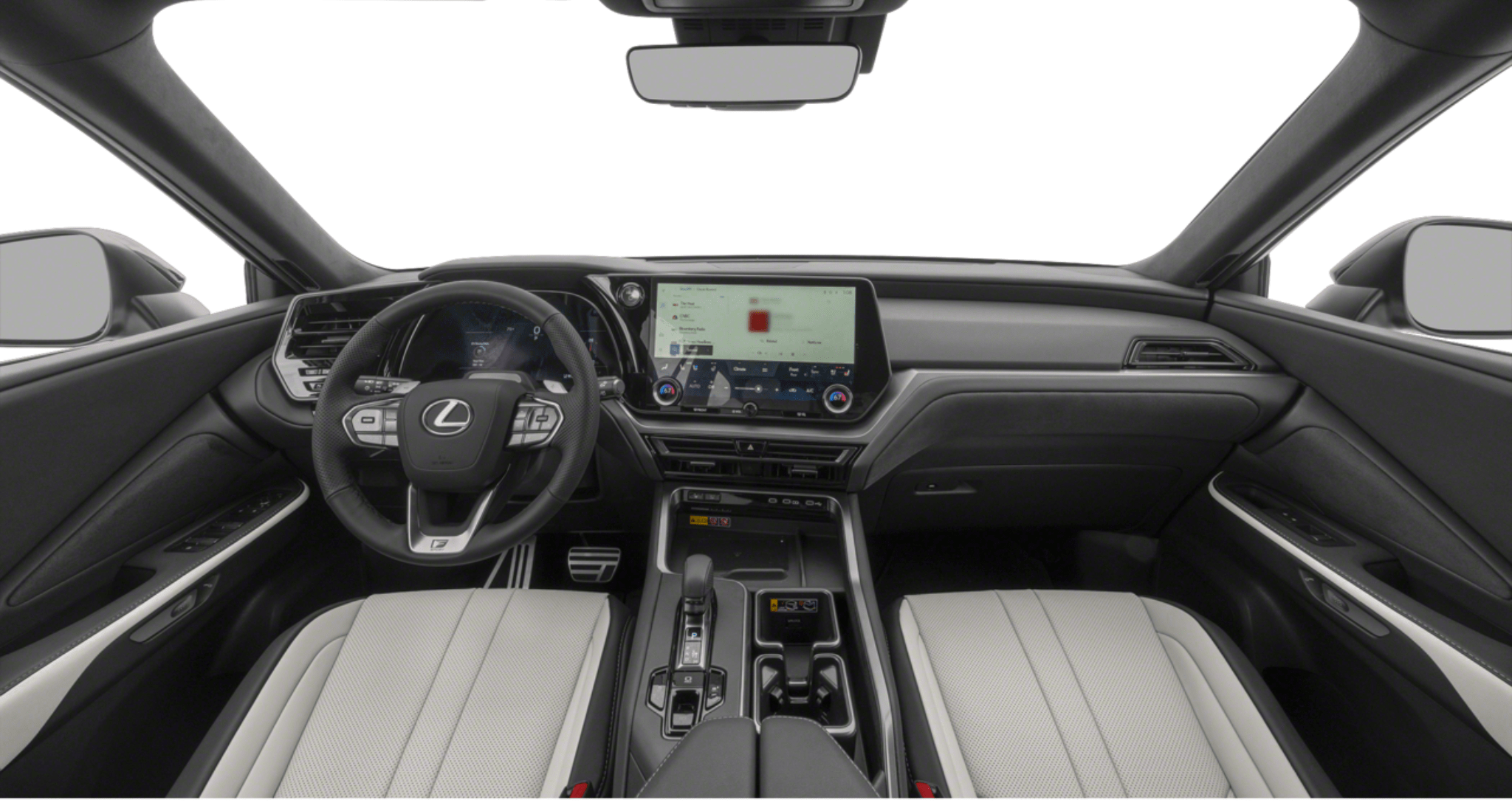 2025 Lexus TX 500h AWD Premium interior dashboard showcasing a modern design with a leather-wrapped steering wheel, a 14-inch Lexus Interface touchscreen, and digital driver display.