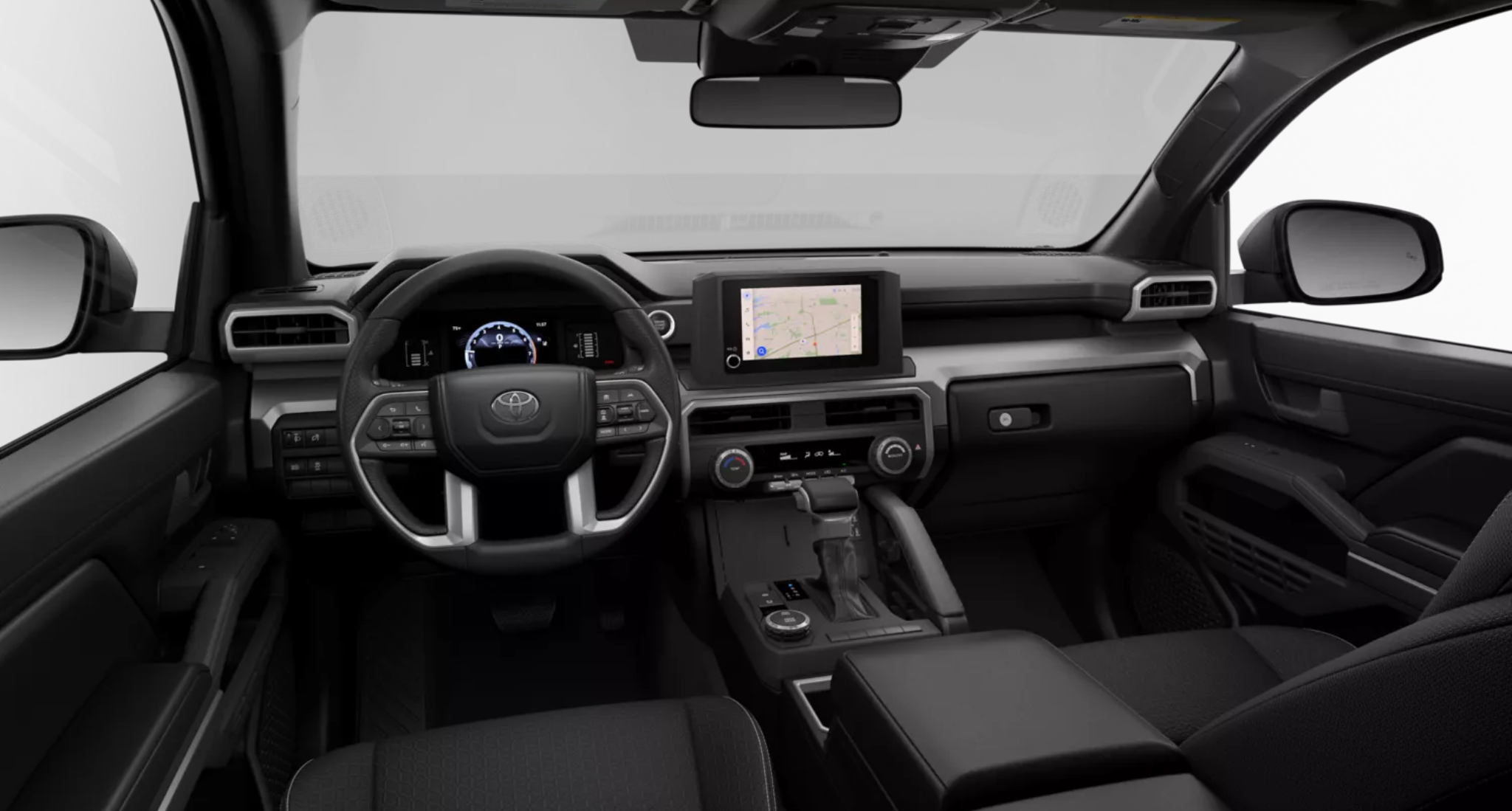 Front dashboard and driver cockpit of the 2025 Toyota 4Runner SR5 4WD featuring an 8-inch touchscreen, digital gauge cluster, and modern climate controls