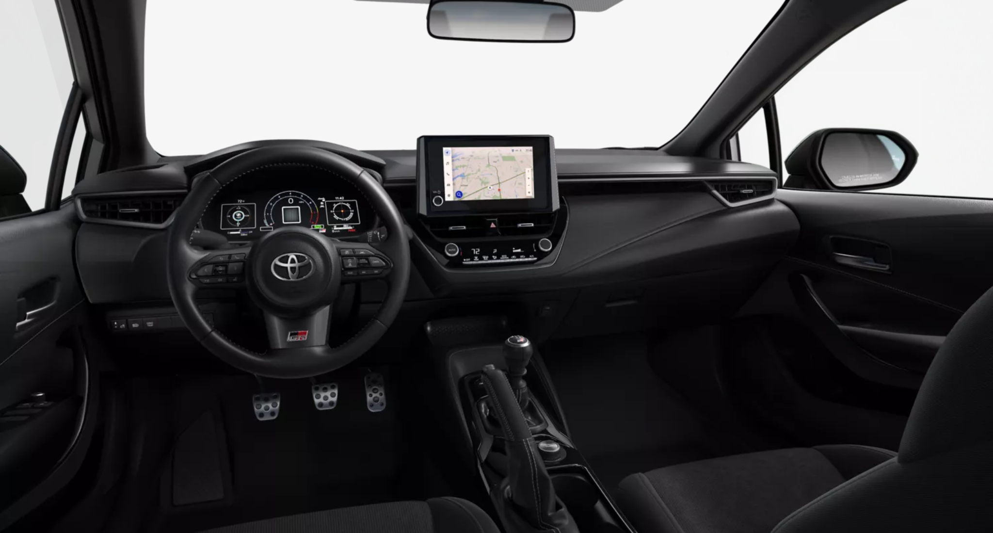 2025 Toyota GR Corolla Core Trim AWD interior cockpit with leather-wrapped GR sport steering wheel, digital instrument cluster, and 8-inch touchscreen display with integrated navigation.