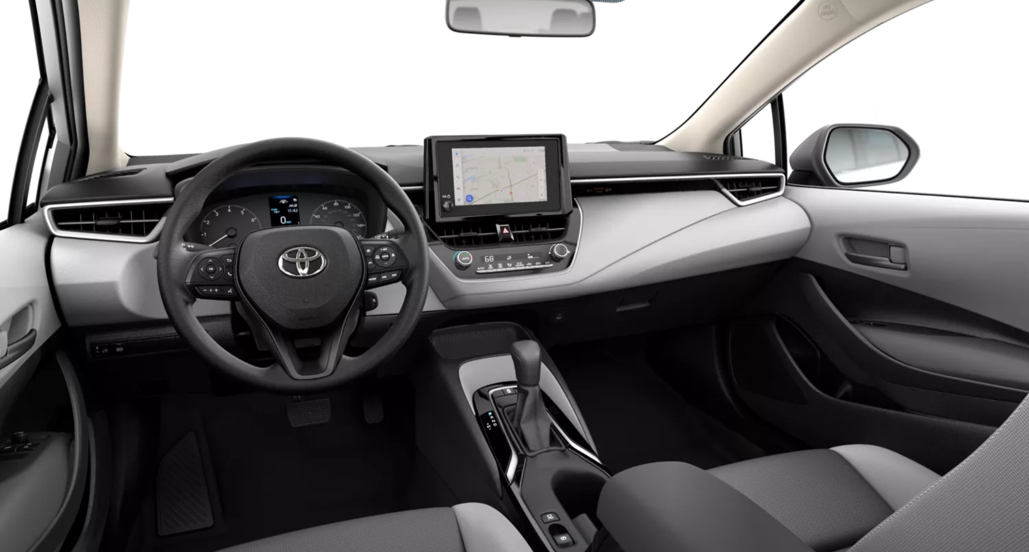 2025 Toyota Corolla LE FWD front cabin featuring an 8-inch multimedia touchscreen, modern dashboard design, and ergonomic seating.