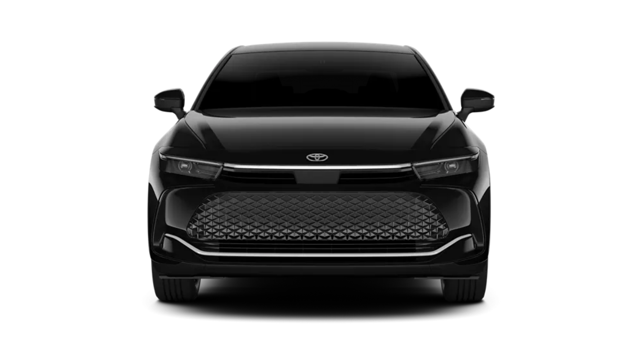 Front exterior view of the 2025 Toyota Crown XLE AWD in black, highlighting its distinctive grille design, sleek LED headlights, and aerodynamic hood.