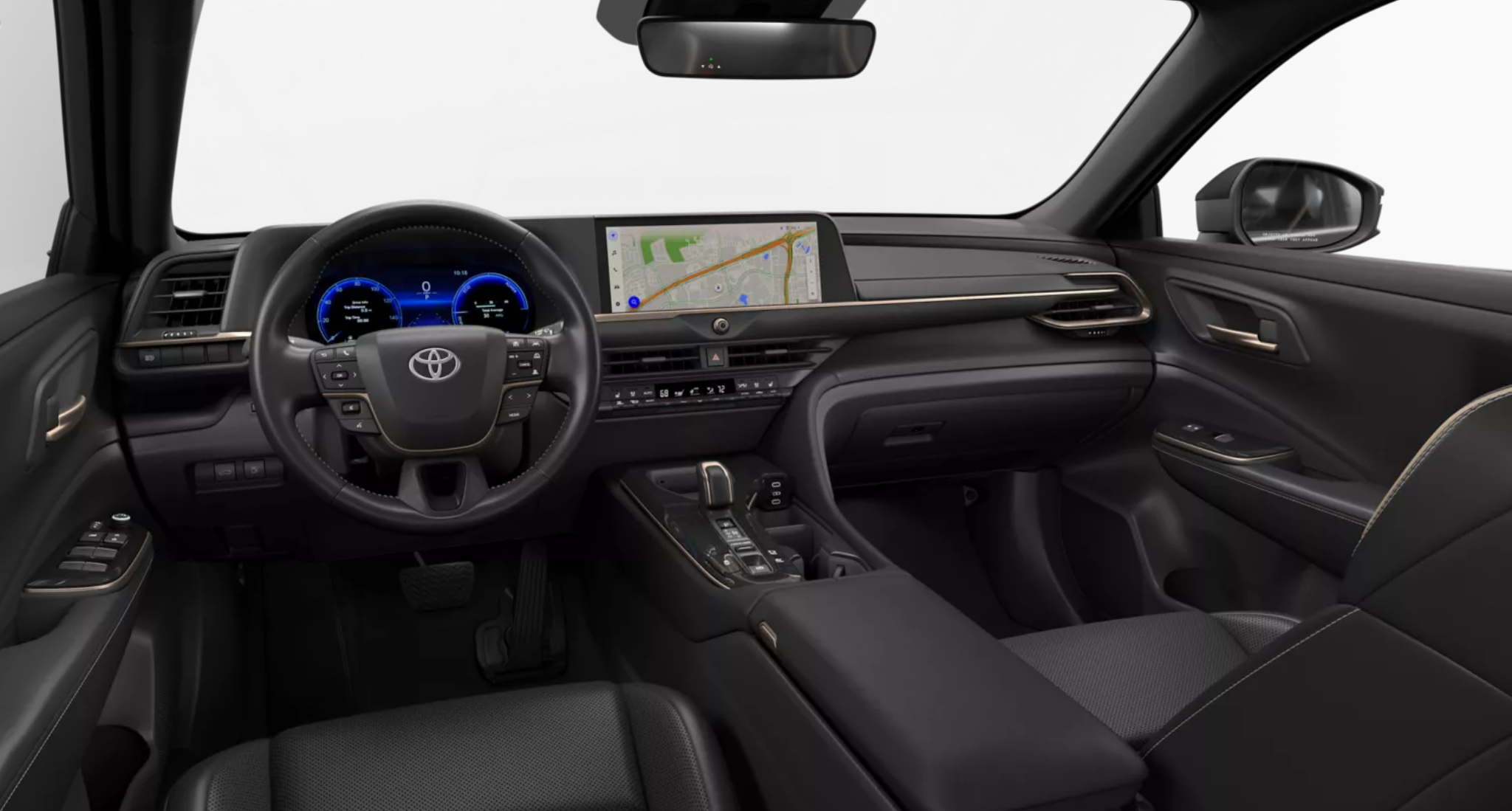 Dashboard of the 2025 Toyota Crown XLE AWD featuring a 12.3-inch digital instrument cluster, a wide touchscreen infotainment system with navigation, and a leather-wrapped steering wheel.