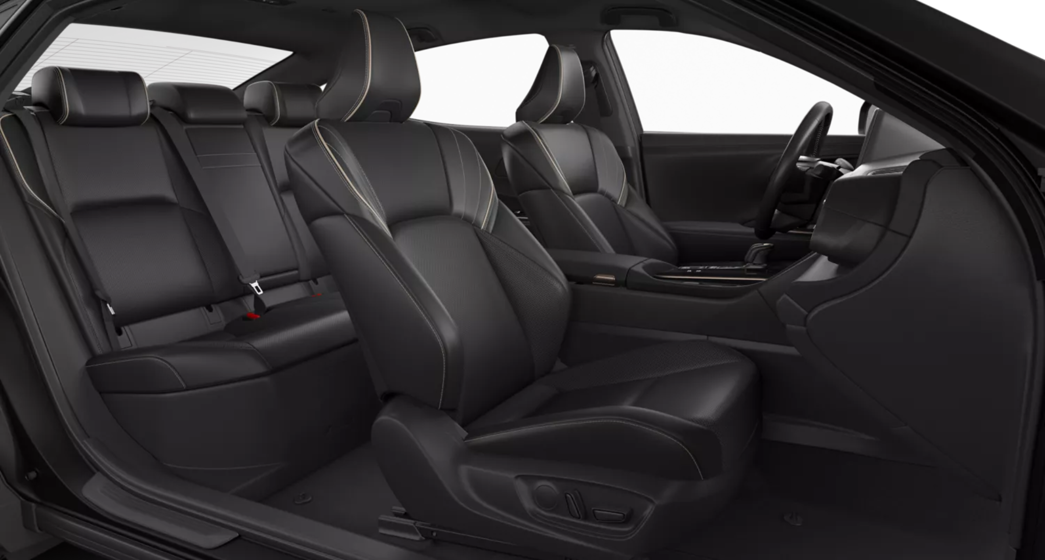Interior view of the 2025 Toyota Crown XLE AWD showing black leather-trimmed front and rear seats with contrast stitching and spacious legroom.