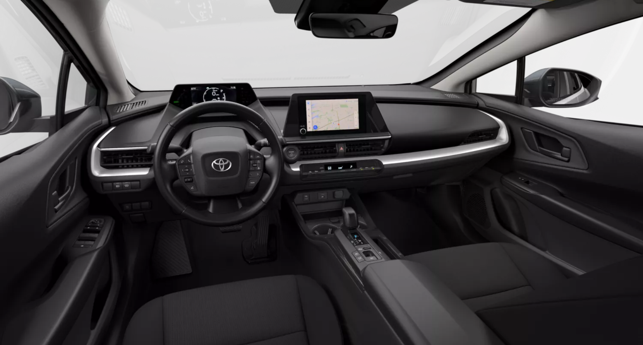 Dashboard and cockpit of the 2025 Toyota Prius Hybrid LE featuring an 8-inch multimedia display with navigation, digital driver display, and premium finishes.