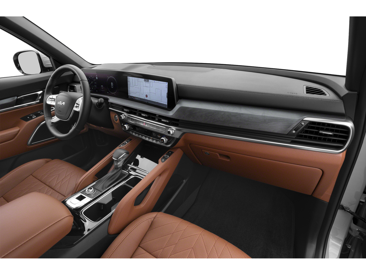 Interior dashboard view of the 2025 Kia Telluride featuring panoramic display and controls.