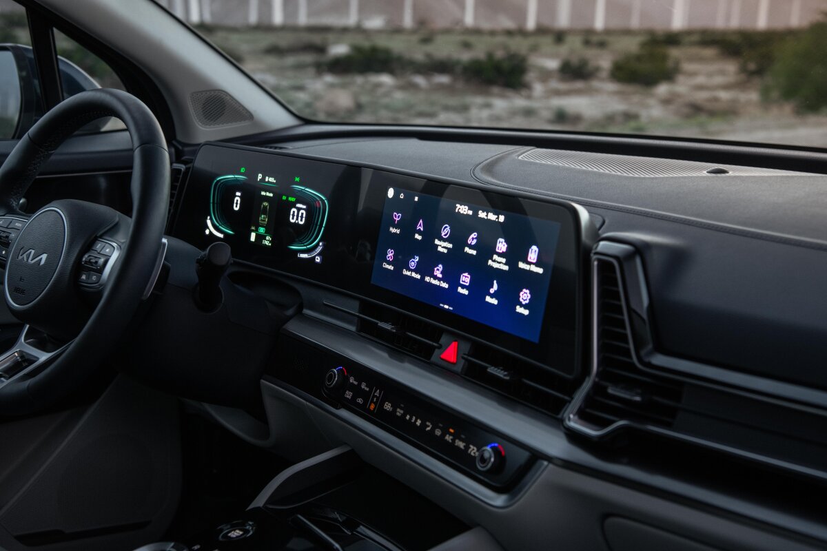 Interior dashboard of 2025 Kia Sportage Hybrid from best hybrid crossover review showcasing hybrid SUV tech