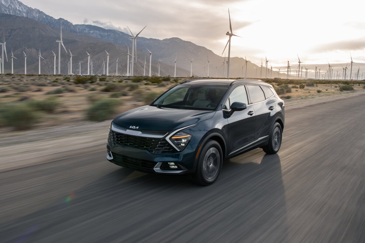 Front view of 2025 Toyota RAV4 Hybrid, Honda CR-V Hybrid, and Kia Sportage Hybrid in best hybrid crossover review