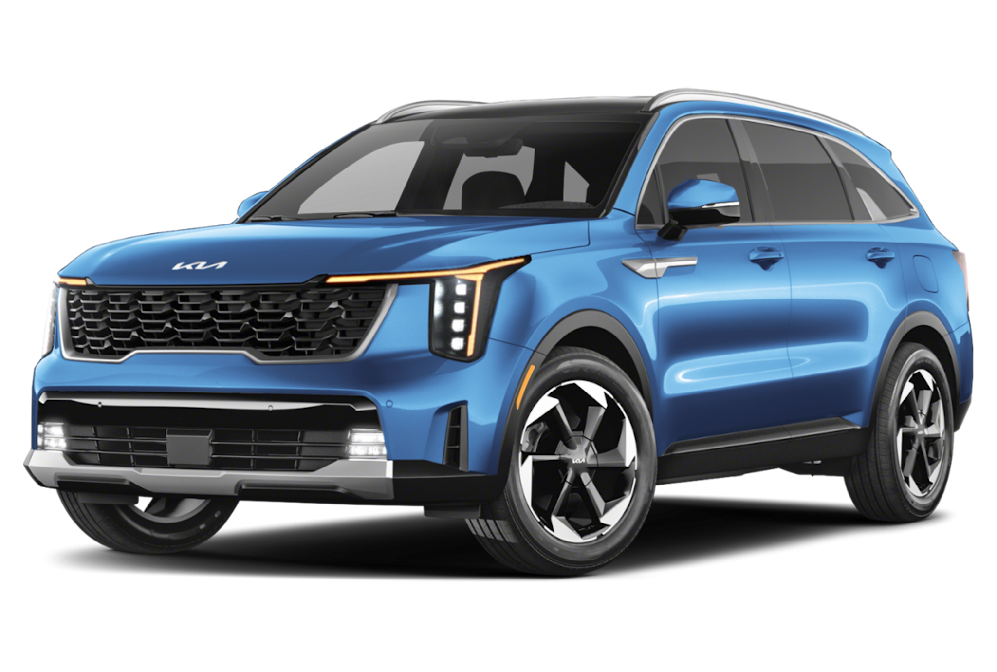 Front view of the 2025 Kia Sorento Hybrid EX showcasing the gloss black grille, LED headlights, and sleek body lines in Mineral Blue color.