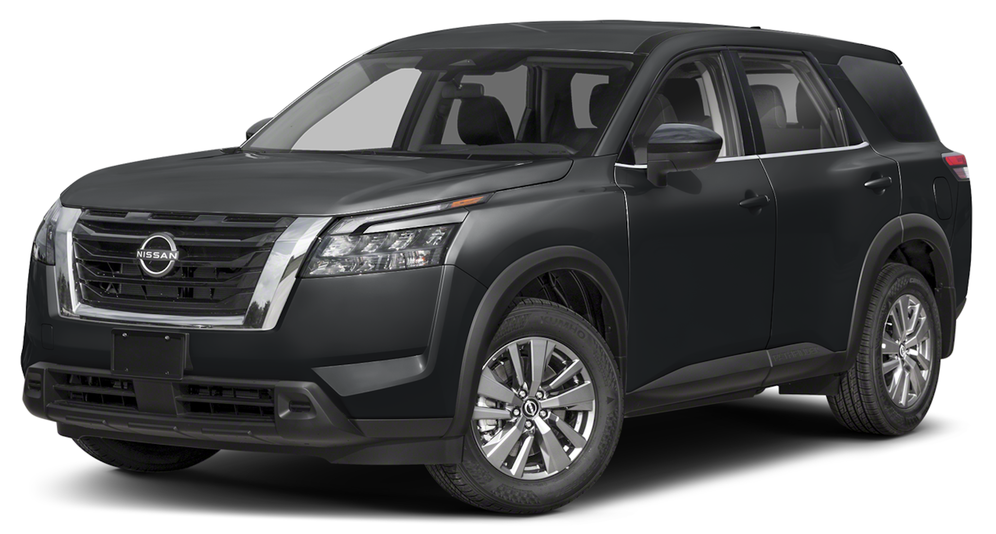 Front view of the 2025 Nissan Pathfinder, showcasing bold LED headlights for this SUV lease deal.