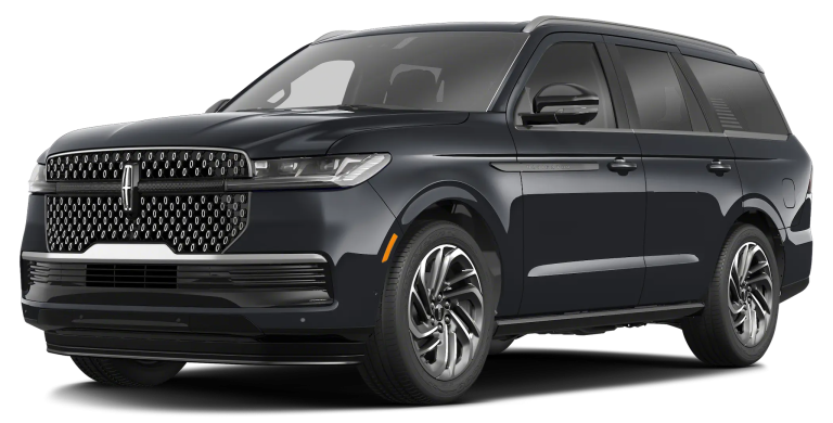 Front exterior view of the 2025 Lincoln Navigator Reserve 4X4 with chrome mesh grille and LED signature lighting.