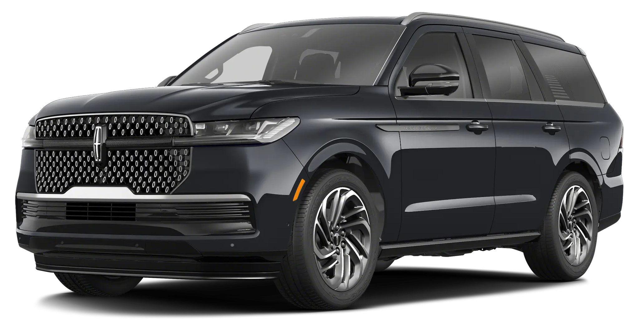 Front exterior view of the 2025 Lincoln Navigator Reserve 4X4 with chrome mesh grille and LED signature lighting.