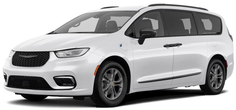 Front view of the 2025 Chrysler Pacifica PHEV lease Luxury FWD with bi-function LED headlamps, gloss-black grille, and aerodynamic design.