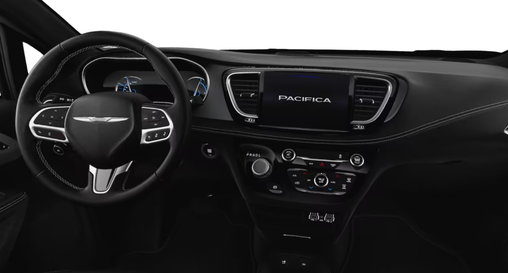 Driver-focused dashboard of the 2025 Chrysler Pacifica PHEV featuring a 10.1-inch touchscreen, digital gauges, and TechnoLeather steering wheel.