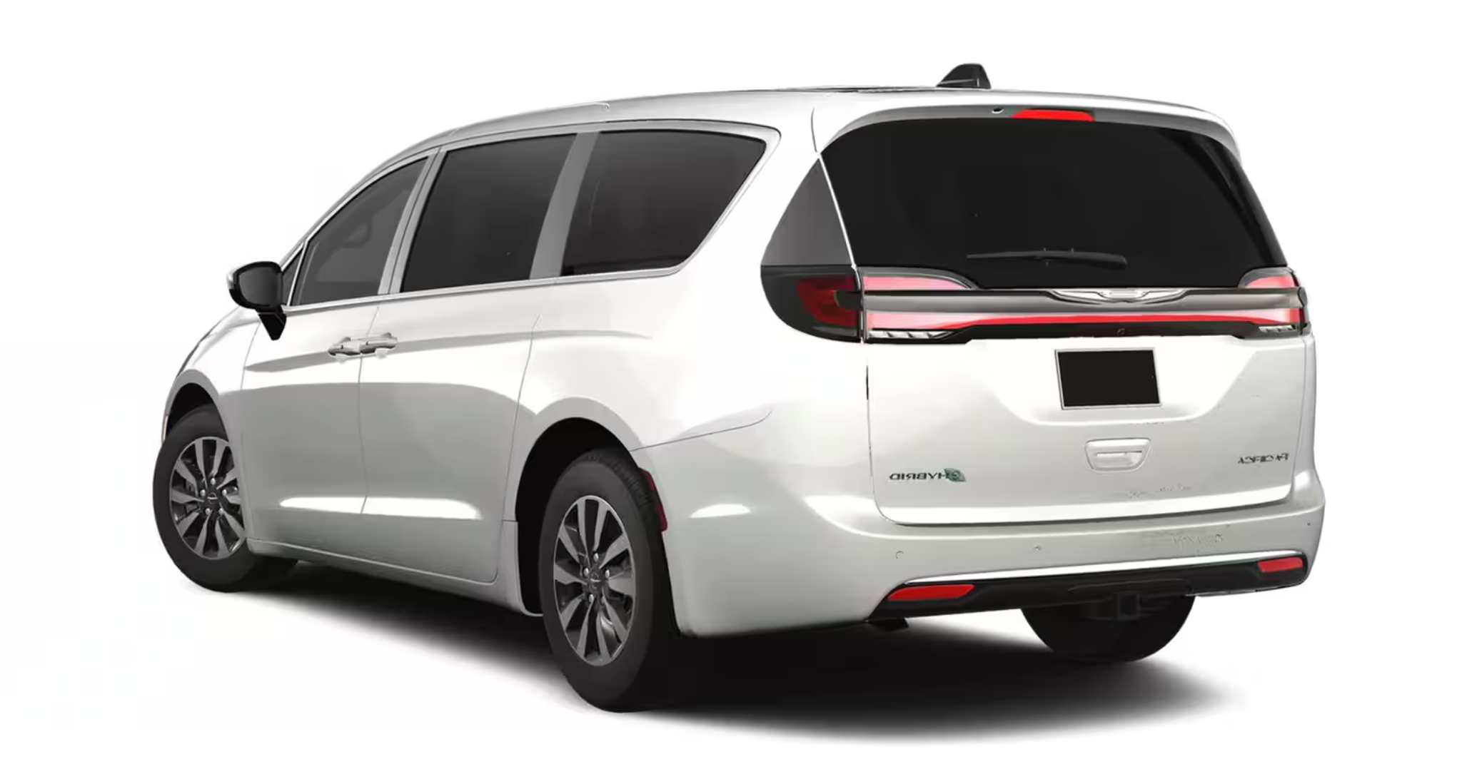 Rear view of the 2025 Chrysler Pacifica PHEV lease Luxury FWD showcasing LED tail lamps, eHybrid badging, and gloss-black accents.