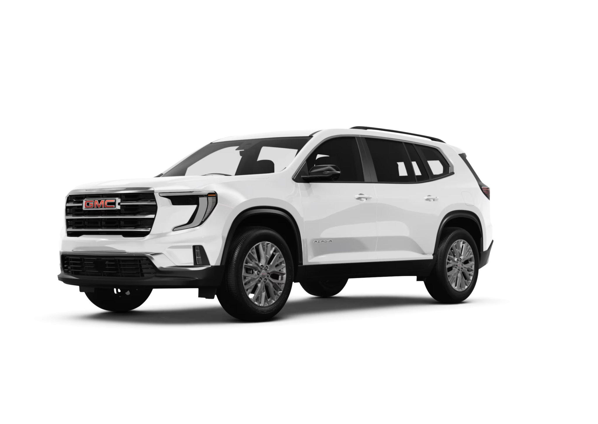Front grille and headlamp design of the 2025 GMC Acadia Elevation AWD finished in Summit White