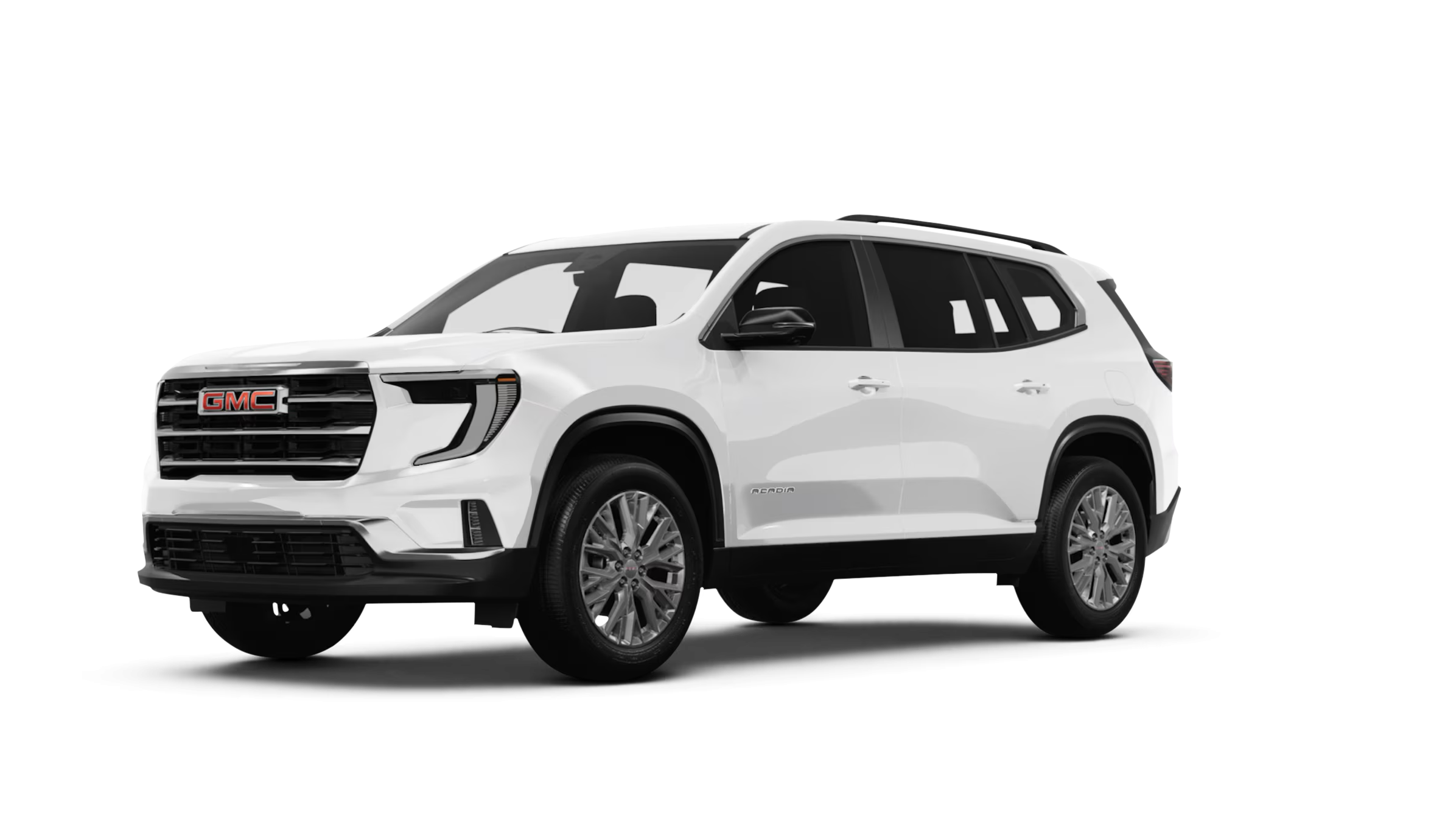 Front grille and headlamp design of the 2025 GMC Acadia Elevation AWD finished in Summit White