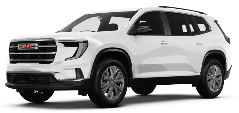 Front grille and headlamp design of the 2025 GMC Acadia Elevation AWD finished in Summit White