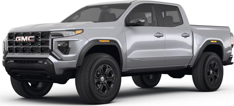 Bold front grille and LED headlight design on the 2025 GMC Canyon Elevation 4X4, emphasizing off-road capability and style.