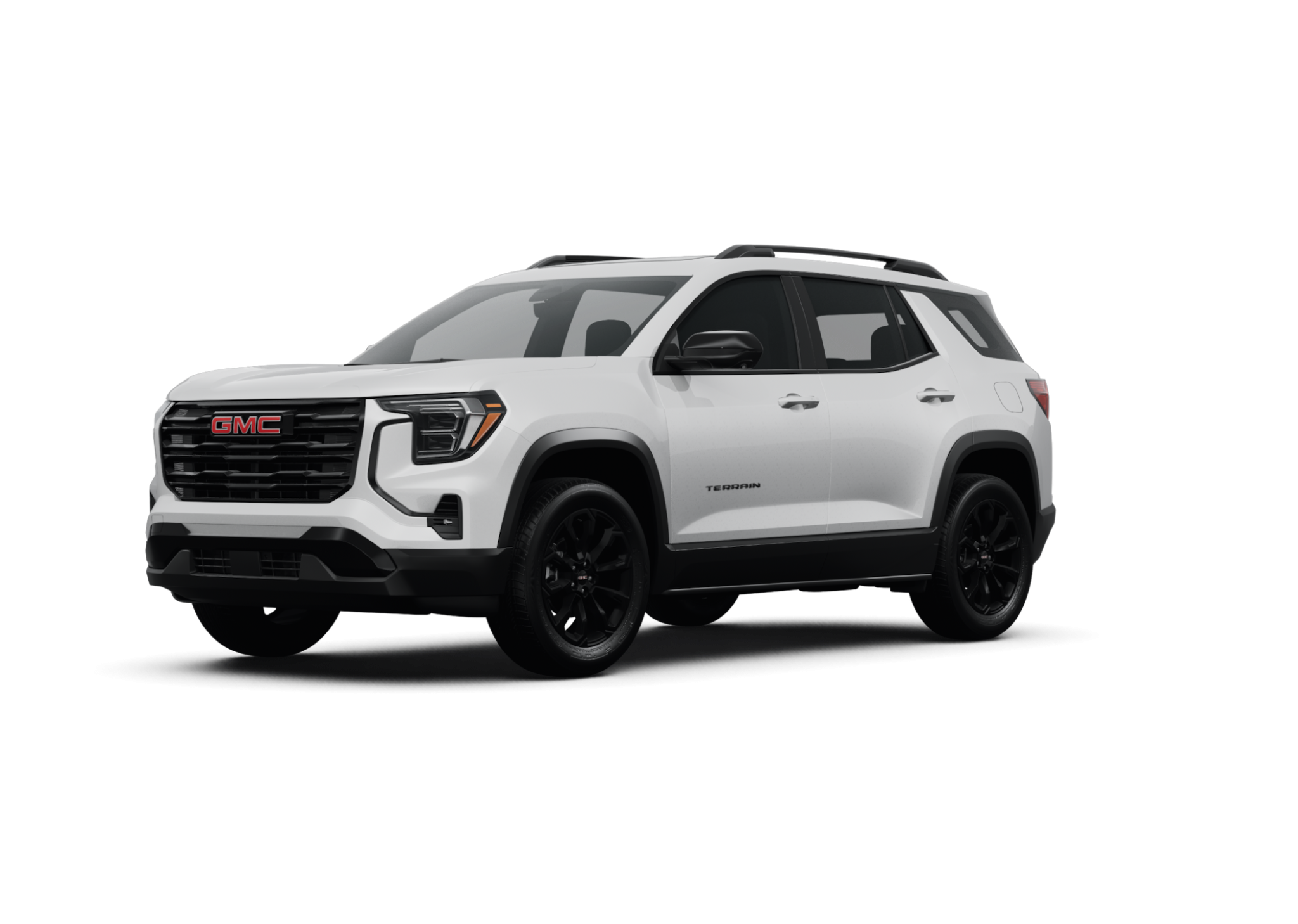 Front view of the 2025 GMC Terrain Elevation AWD highlighting the bold black grille, signature LED lighting, and modern styling.