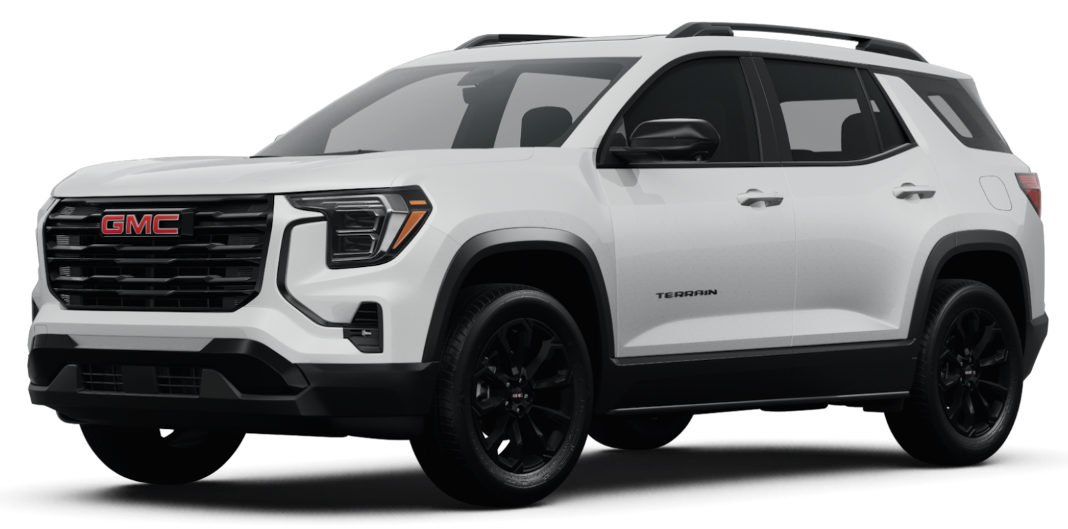 Front view of the 2025 GMC Terrain Elevation AWD highlighting the bold black grille, signature LED lighting, and modern styling.