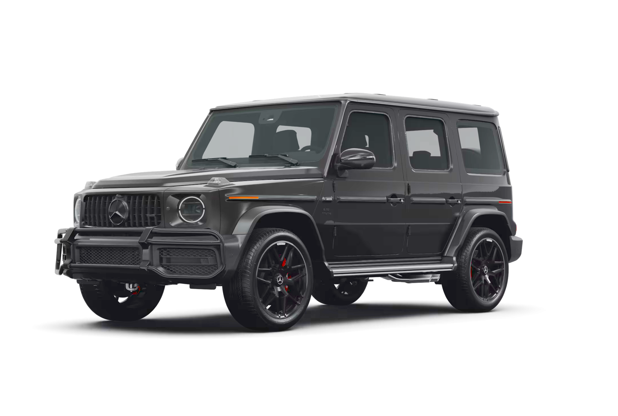 Front view of the 2025 Mercedes-Benz G 550 AWD SUV highlighting the chrome brush guard, LED headlamps, and classic G-Class grille with the Mercedes emblem.