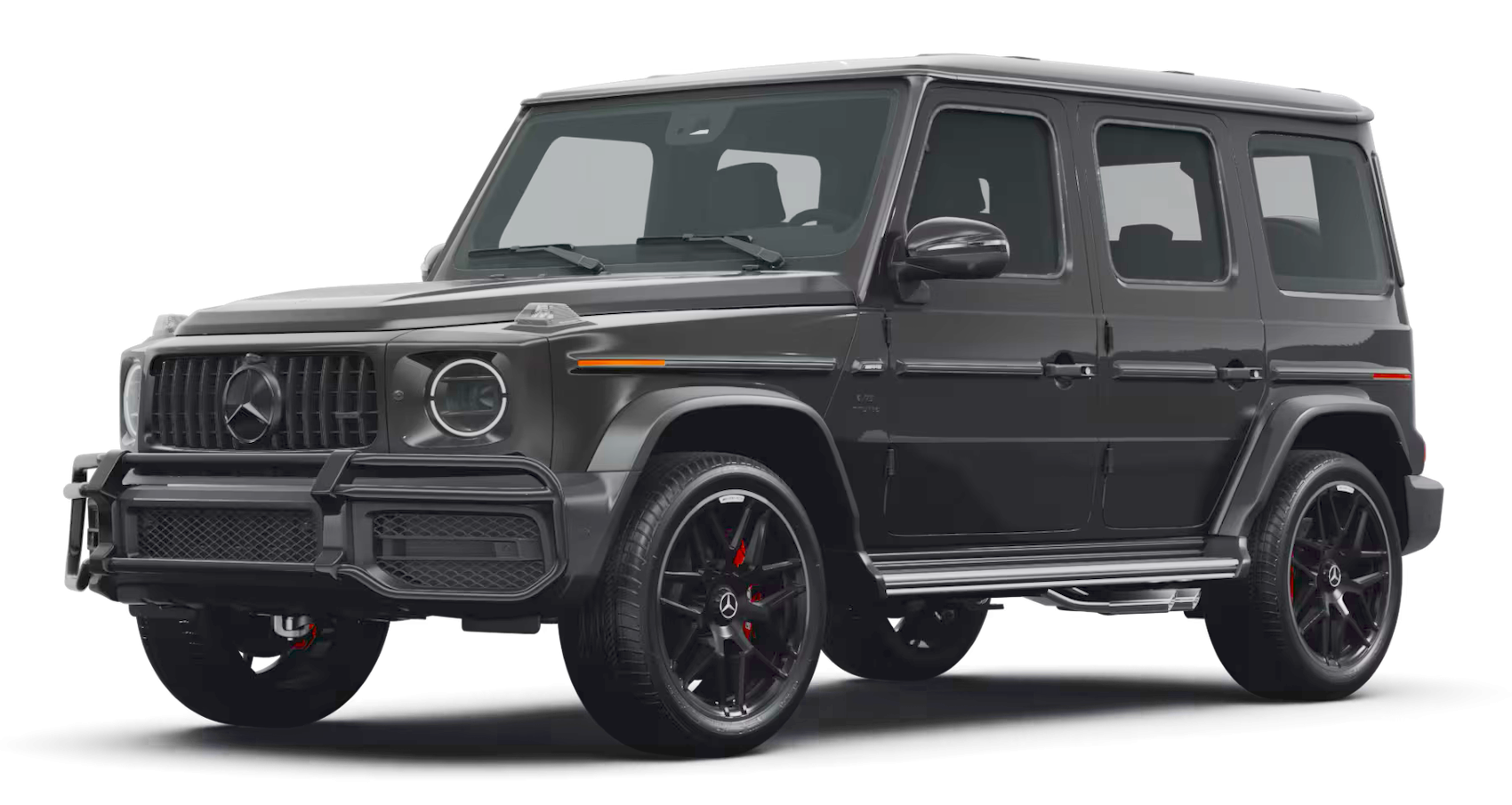 Front view of the 2025 Mercedes-Benz G 550 AWD SUV highlighting the chrome brush guard, LED headlamps, and classic G-Class grille with the Mercedes emblem.