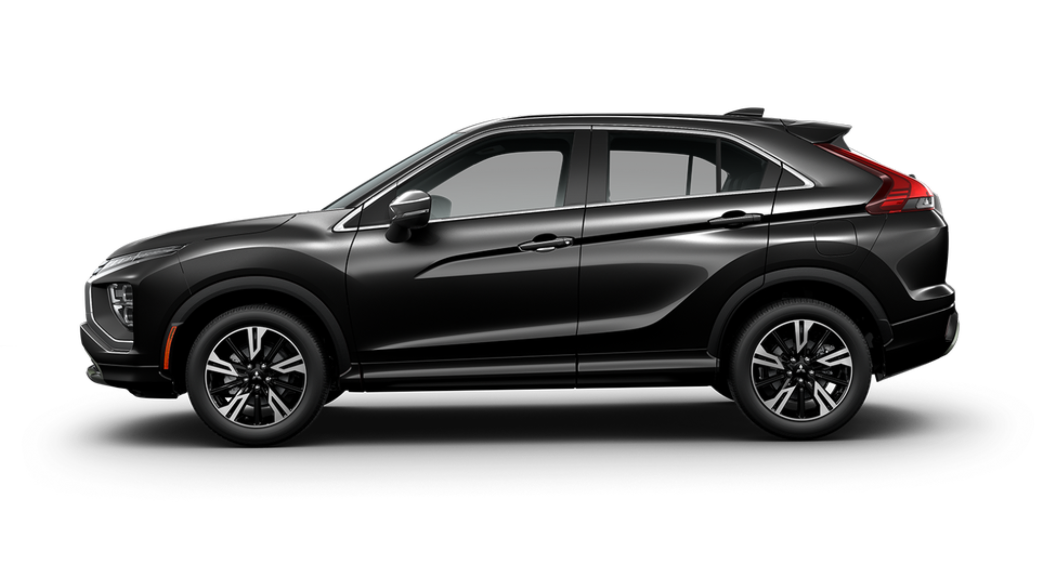 Sleek side profile of the 2025 Mitsubishi Eclipse Cross ES AWD in black, showing its bold body lines and 16-inch alloy wheels.